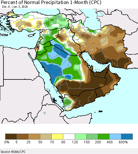 Middle East and Turkey Percent of Normal Precipitation 1-Month (CPC) Thematic Map For 12/6/2023 - 1/5/2024