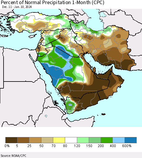 Middle East and Turkey Percent of Normal Precipitation 1-Month (CPC) Thematic Map For 12/11/2023 - 1/10/2024