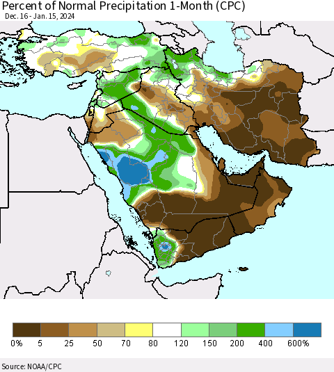 Middle East and Turkey Percent of Normal Precipitation 1-Month (CPC) Thematic Map For 12/16/2023 - 1/15/2024