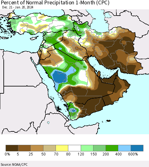 Middle East and Turkey Percent of Normal Precipitation 1-Month (CPC) Thematic Map For 12/21/2023 - 1/20/2024
