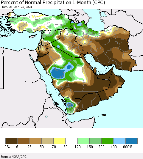 Middle East and Turkey Percent of Normal Precipitation 1-Month (CPC) Thematic Map For 12/26/2023 - 1/25/2024