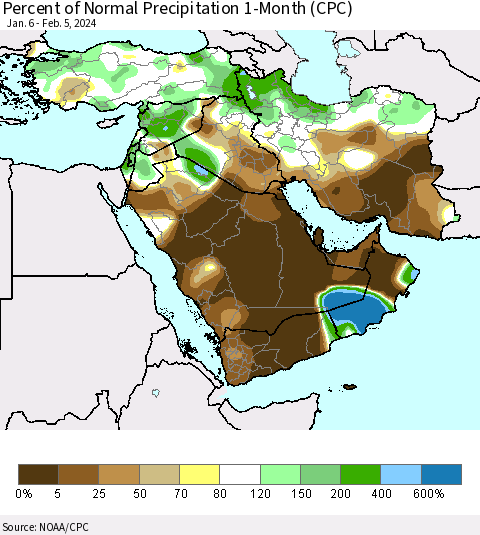 Middle East and Turkey Percent of Normal Precipitation 1-Month (CPC) Thematic Map For 1/6/2024 - 2/5/2024
