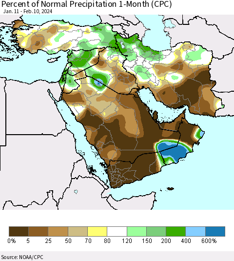 Middle East and Turkey Percent of Normal Precipitation 1-Month (CPC) Thematic Map For 1/11/2024 - 2/10/2024