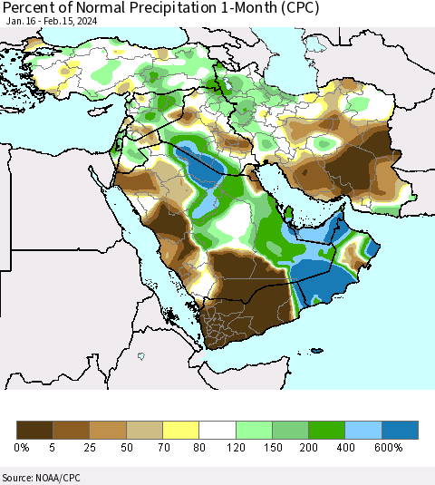 Middle East and Turkey Percent of Normal Precipitation 1-Month (CPC) Thematic Map For 1/16/2024 - 2/15/2024