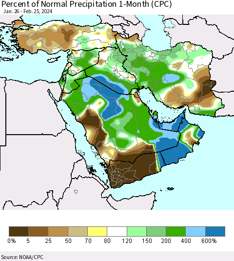 Middle East and Turkey Percent of Normal Precipitation 1-Month (CPC) Thematic Map For 1/26/2024 - 2/25/2024