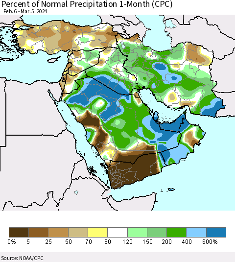Middle East and Turkey Percent of Normal Precipitation 1-Month (CPC) Thematic Map For 2/6/2024 - 3/5/2024
