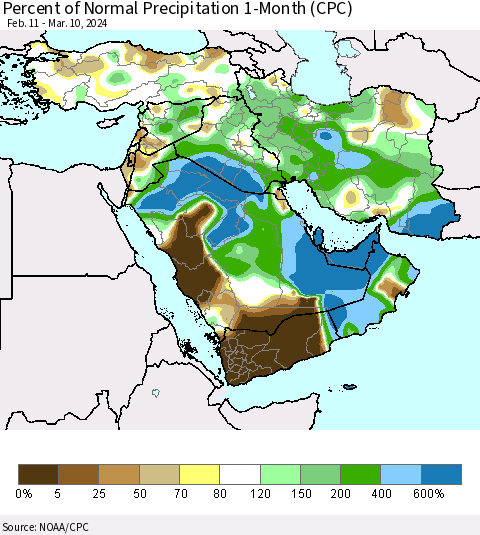 Middle East and Turkey Percent of Normal Precipitation 1-Month (CPC) Thematic Map For 2/11/2024 - 3/10/2024