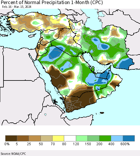 Middle East and Turkey Percent of Normal Precipitation 1-Month (CPC) Thematic Map For 2/16/2024 - 3/15/2024