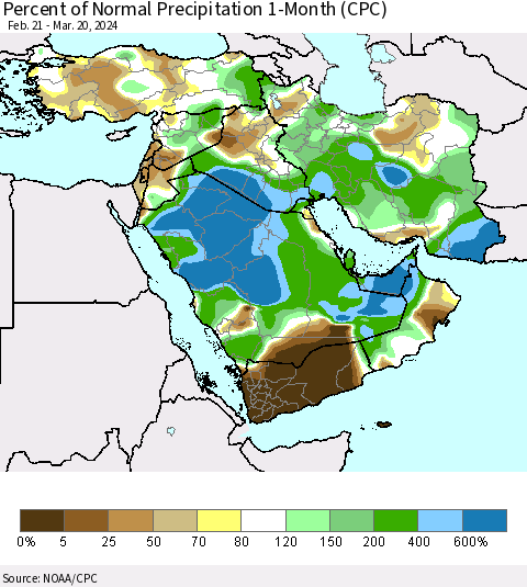 Middle East and Turkey Percent of Normal Precipitation 1-Month (CPC) Thematic Map For 2/21/2024 - 3/20/2024