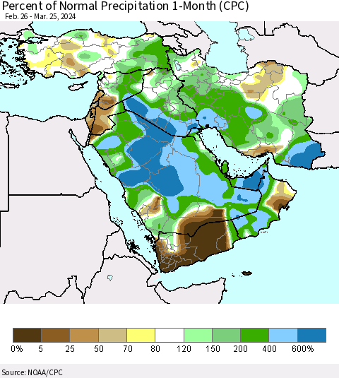 Middle East and Turkey Percent of Normal Precipitation 1-Month (CPC) Thematic Map For 2/26/2024 - 3/25/2024