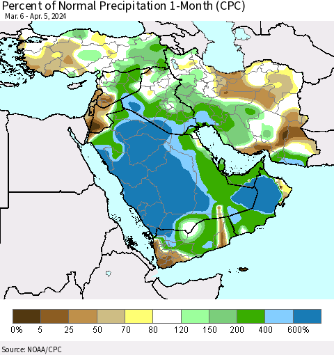 Middle East and Turkey Percent of Normal Precipitation 1-Month (CPC) Thematic Map For 3/6/2024 - 4/5/2024