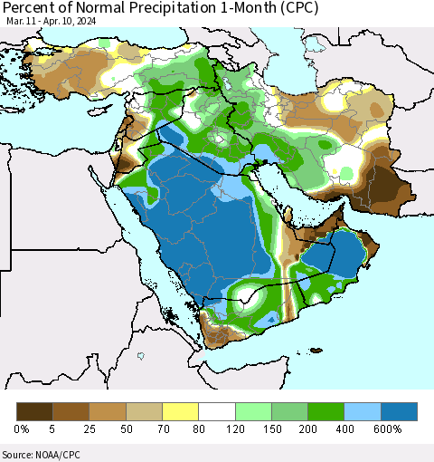Middle East and Turkey Percent of Normal Precipitation 1-Month (CPC) Thematic Map For 3/11/2024 - 4/10/2024