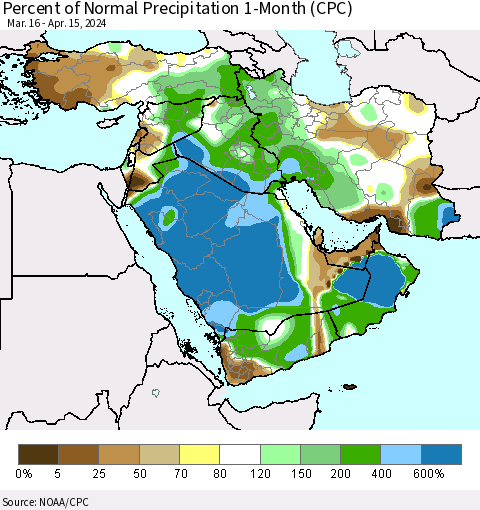 Middle East and Turkey Percent of Normal Precipitation 1-Month (CPC) Thematic Map For 3/16/2024 - 4/15/2024