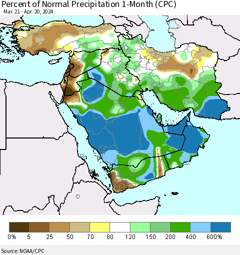 Middle East and Turkey Percent of Normal Precipitation 1-Month (CPC) Thematic Map For 3/21/2024 - 4/20/2024