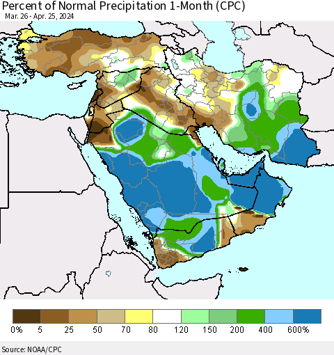 Middle East and Turkey Percent of Normal Precipitation 1-Month (CPC) Thematic Map For 3/26/2024 - 4/25/2024