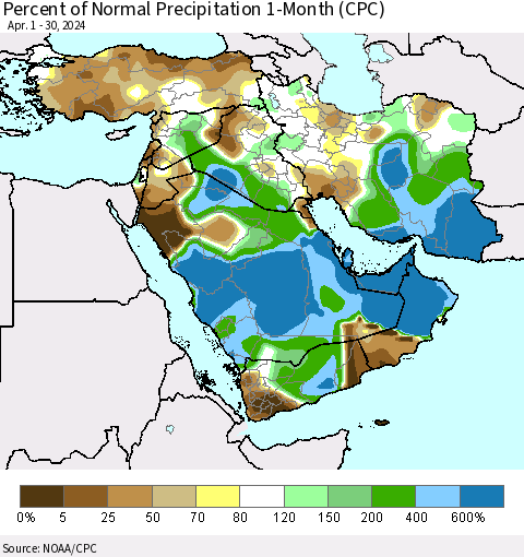 Middle East and Turkey Percent of Normal Precipitation 1-Month (CPC) Thematic Map For 4/1/2024 - 4/30/2024