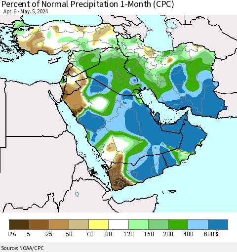 Middle East and Turkey Percent of Normal Precipitation 1-Month (CPC) Thematic Map For 4/6/2024 - 5/5/2024