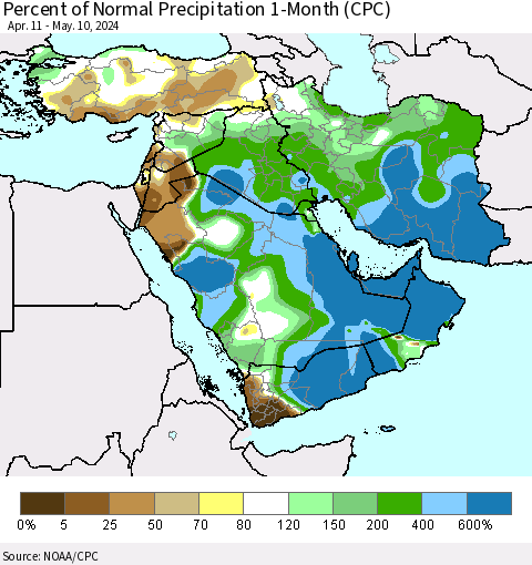 Middle East and Turkey Percent of Normal Precipitation 1-Month (CPC) Thematic Map For 4/11/2024 - 5/10/2024