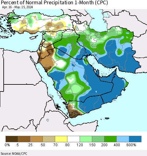 Middle East and Turkey Percent of Normal Precipitation 1-Month (CPC) Thematic Map For 4/16/2024 - 5/15/2024