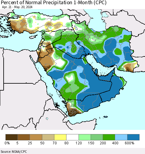 Middle East and Turkey Percent of Normal Precipitation 1-Month (CPC) Thematic Map For 4/21/2024 - 5/20/2024