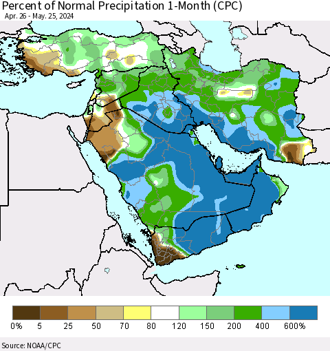 Middle East and Turkey Percent of Normal Precipitation 1-Month (CPC) Thematic Map For 4/26/2024 - 5/25/2024