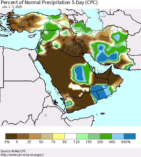 Middle East and Turkey Percent of Normal Precipitation 5-Day (CPC) Thematic Map For 1/1/2020 - 1/5/2020