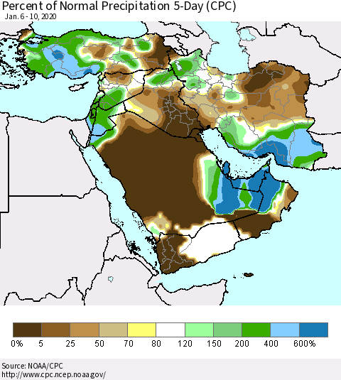 Middle East and Turkey Percent of Normal Precipitation 5-Day (CPC) Thematic Map For 1/6/2020 - 1/10/2020