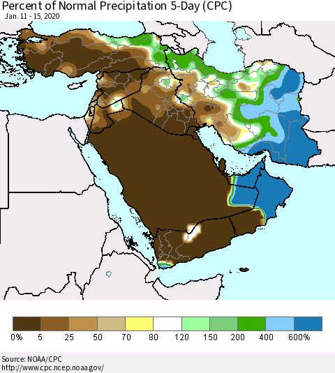 Middle East and Turkey Percent of Normal Precipitation 5-Day (CPC) Thematic Map For 1/11/2020 - 1/15/2020
