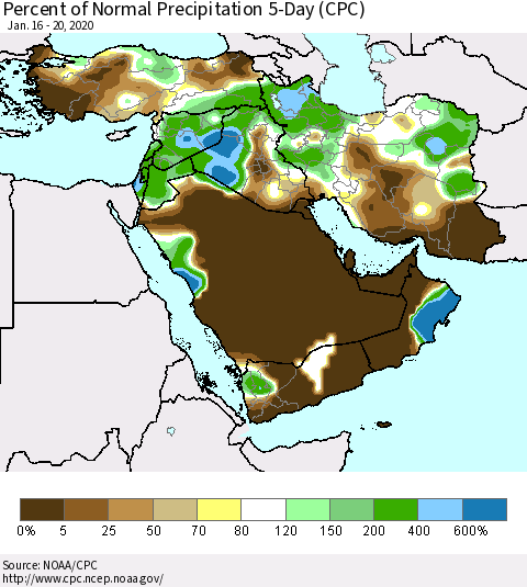 Middle East and Turkey Percent of Normal Precipitation 5-Day (CPC) Thematic Map For 1/16/2020 - 1/20/2020