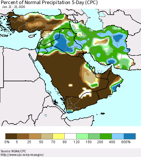 Middle East and Turkey Percent of Normal Precipitation 5-Day (CPC) Thematic Map For 1/21/2020 - 1/25/2020