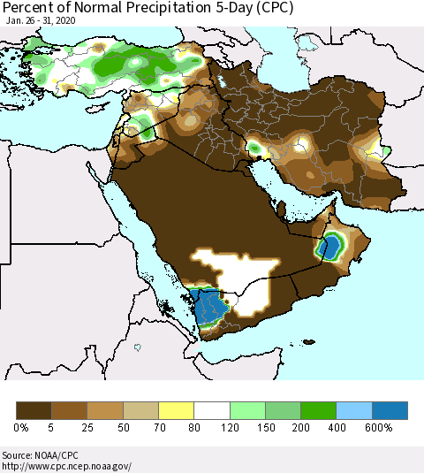 Middle East and Turkey Percent of Normal Precipitation 5-Day (CPC) Thematic Map For 1/26/2020 - 1/31/2020