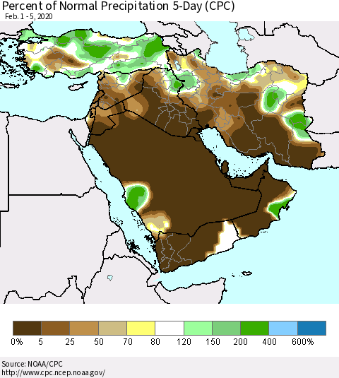 Middle East and Turkey Percent of Normal Precipitation 5-Day (CPC) Thematic Map For 2/1/2020 - 2/5/2020