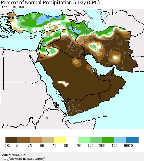 Middle East and Turkey Percent of Normal Precipitation 5-Day (CPC) Thematic Map For 2/6/2020 - 2/10/2020