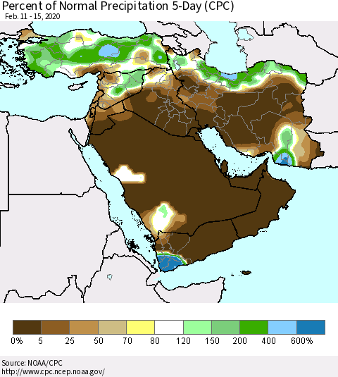 Middle East and Turkey Percent of Normal Precipitation 5-Day (CPC) Thematic Map For 2/11/2020 - 2/15/2020