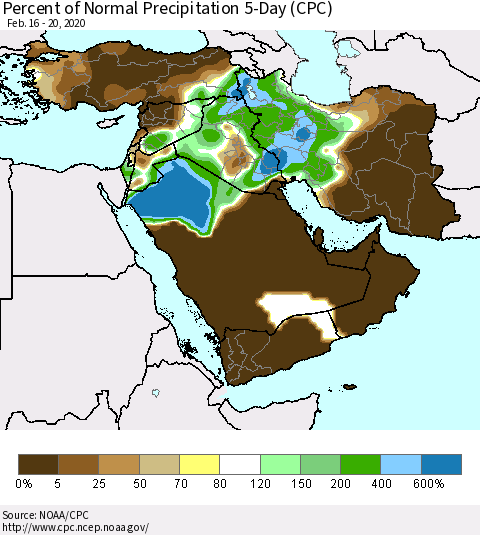 Middle East and Turkey Percent of Normal Precipitation 5-Day (CPC) Thematic Map For 2/16/2020 - 2/20/2020