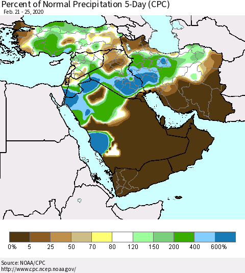 Middle East and Turkey Percent of Normal Precipitation 5-Day (CPC) Thematic Map For 2/21/2020 - 2/25/2020