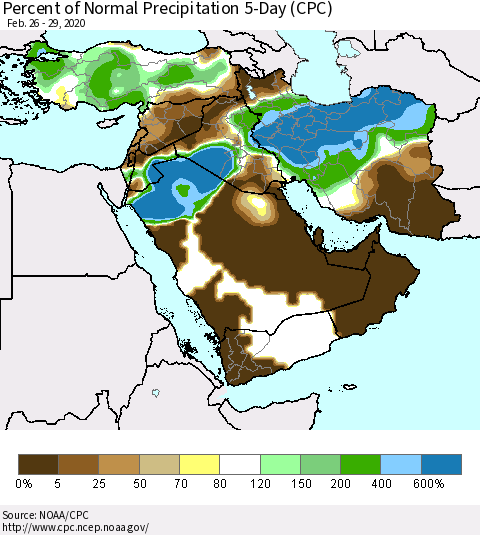 Middle East and Turkey Percent of Normal Precipitation 5-Day (CPC) Thematic Map For 2/26/2020 - 2/29/2020