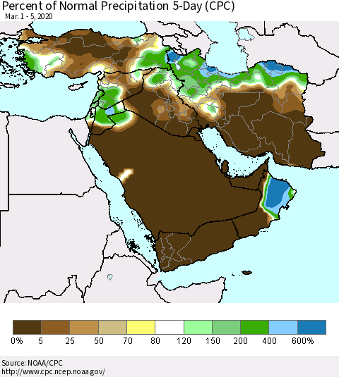 Middle East and Turkey Percent of Normal Precipitation 5-Day (CPC) Thematic Map For 3/1/2020 - 3/5/2020