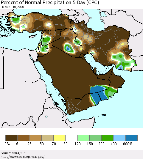 Middle East and Turkey Percent of Normal Precipitation 5-Day (CPC) Thematic Map For 3/6/2020 - 3/10/2020