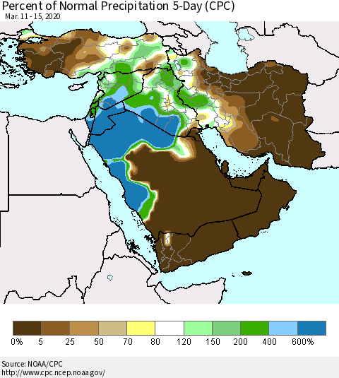 Middle East and Turkey Percent of Normal Precipitation 5-Day (CPC) Thematic Map For 3/11/2020 - 3/15/2020
