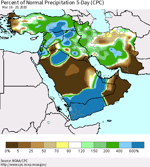 Middle East and Turkey Percent of Normal Precipitation 5-Day (CPC) Thematic Map For 3/16/2020 - 3/20/2020