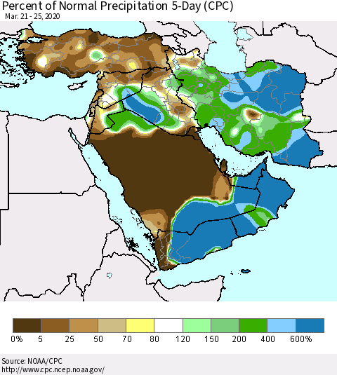 Middle East and Turkey Percent of Normal Precipitation 5-Day (CPC) Thematic Map For 3/21/2020 - 3/25/2020