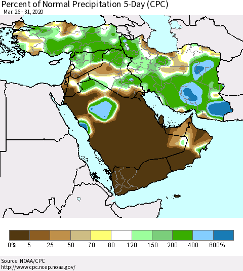 Middle East and Turkey Percent of Normal Precipitation 5-Day (CPC) Thematic Map For 3/26/2020 - 3/31/2020
