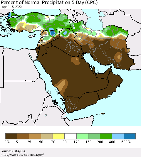 Middle East and Turkey Percent of Normal Precipitation 5-Day (CPC) Thematic Map For 4/1/2020 - 4/5/2020