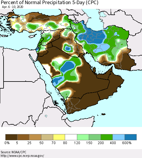 Middle East and Turkey Percent of Normal Precipitation 5-Day (CPC) Thematic Map For 4/6/2020 - 4/10/2020