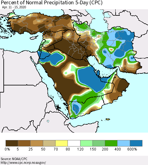 Middle East and Turkey Percent of Normal Precipitation 5-Day (CPC) Thematic Map For 4/11/2020 - 4/15/2020