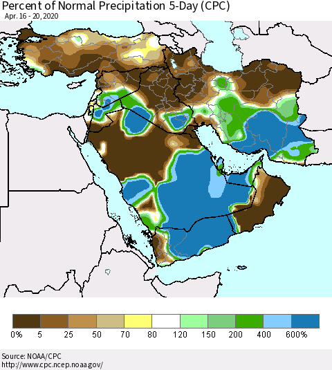 Middle East and Turkey Percent of Normal Precipitation 5-Day (CPC) Thematic Map For 4/16/2020 - 4/20/2020
