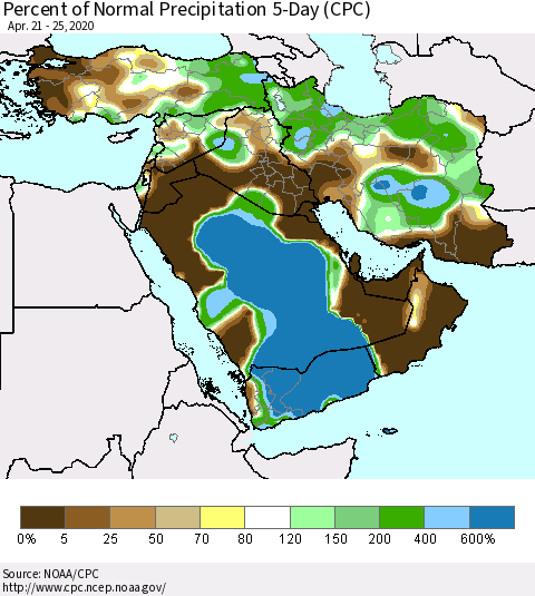 Middle East and Turkey Percent of Normal Precipitation 5-Day (CPC) Thematic Map For 4/21/2020 - 4/25/2020