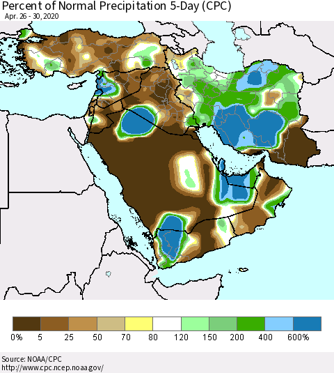 Middle East and Turkey Percent of Normal Precipitation 5-Day (CPC) Thematic Map For 4/26/2020 - 4/30/2020