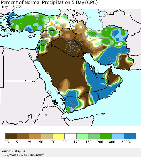 Middle East and Turkey Percent of Normal Precipitation 5-Day (CPC) Thematic Map For 5/1/2020 - 5/5/2020